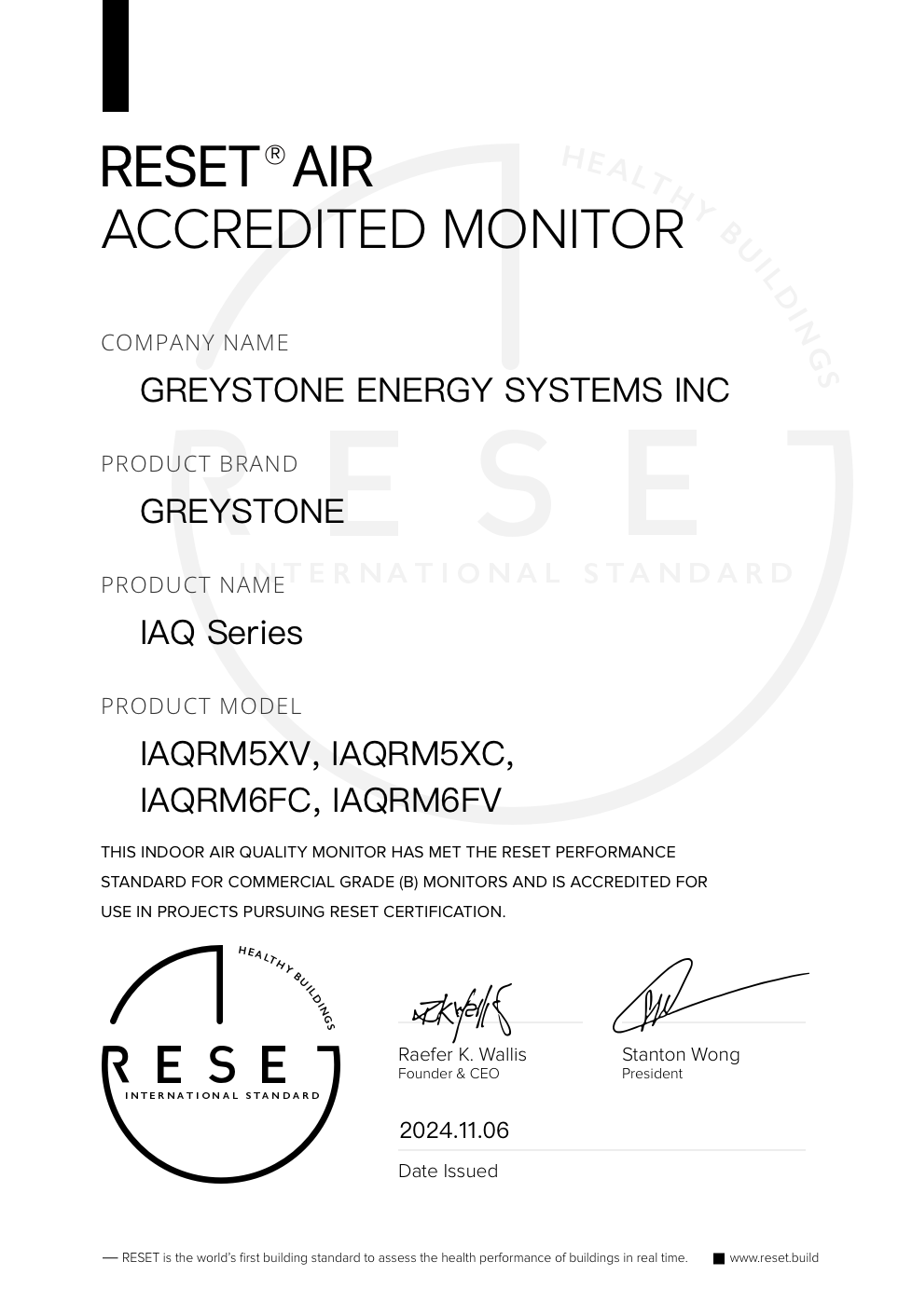 RESET_certificate_Greystone_Indoor Air Quality Series