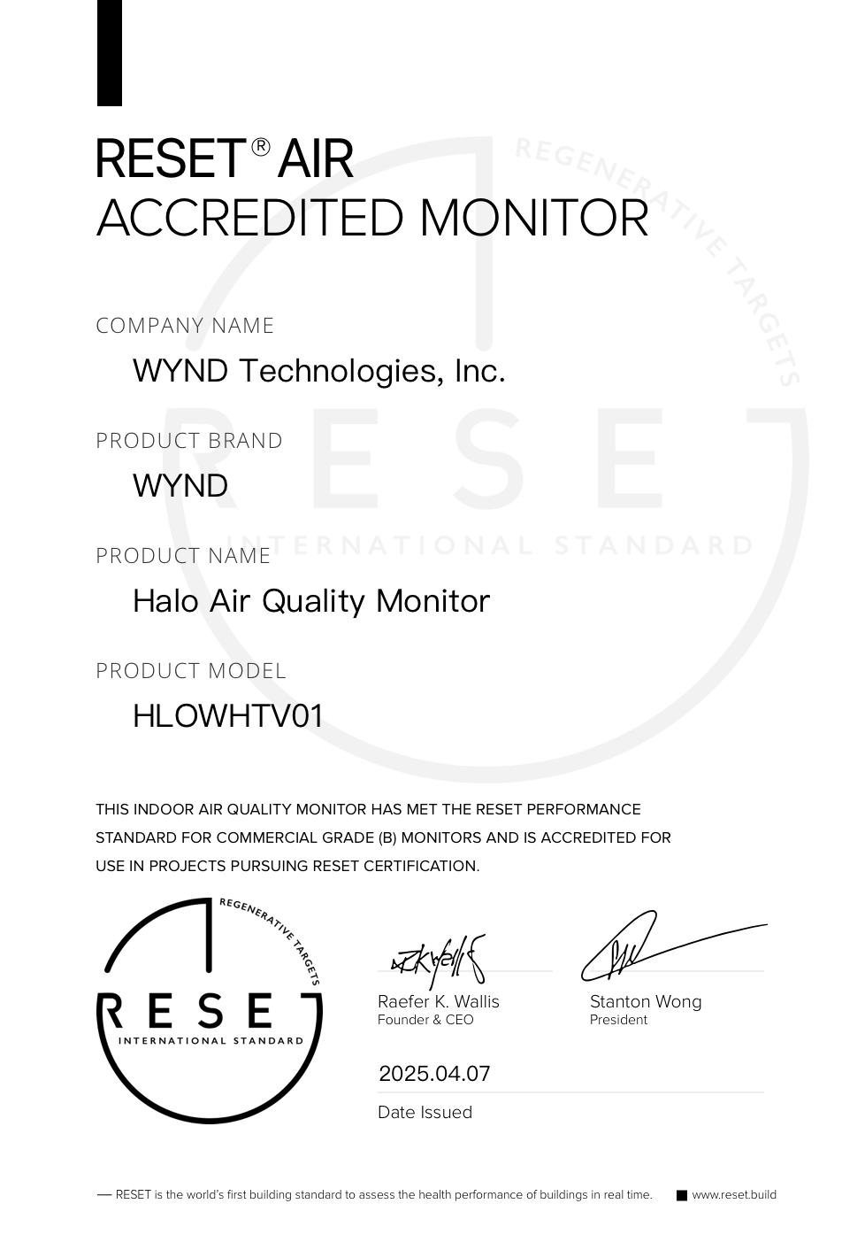 RESET_certificate_WYND_Halo Air Quality Monitor