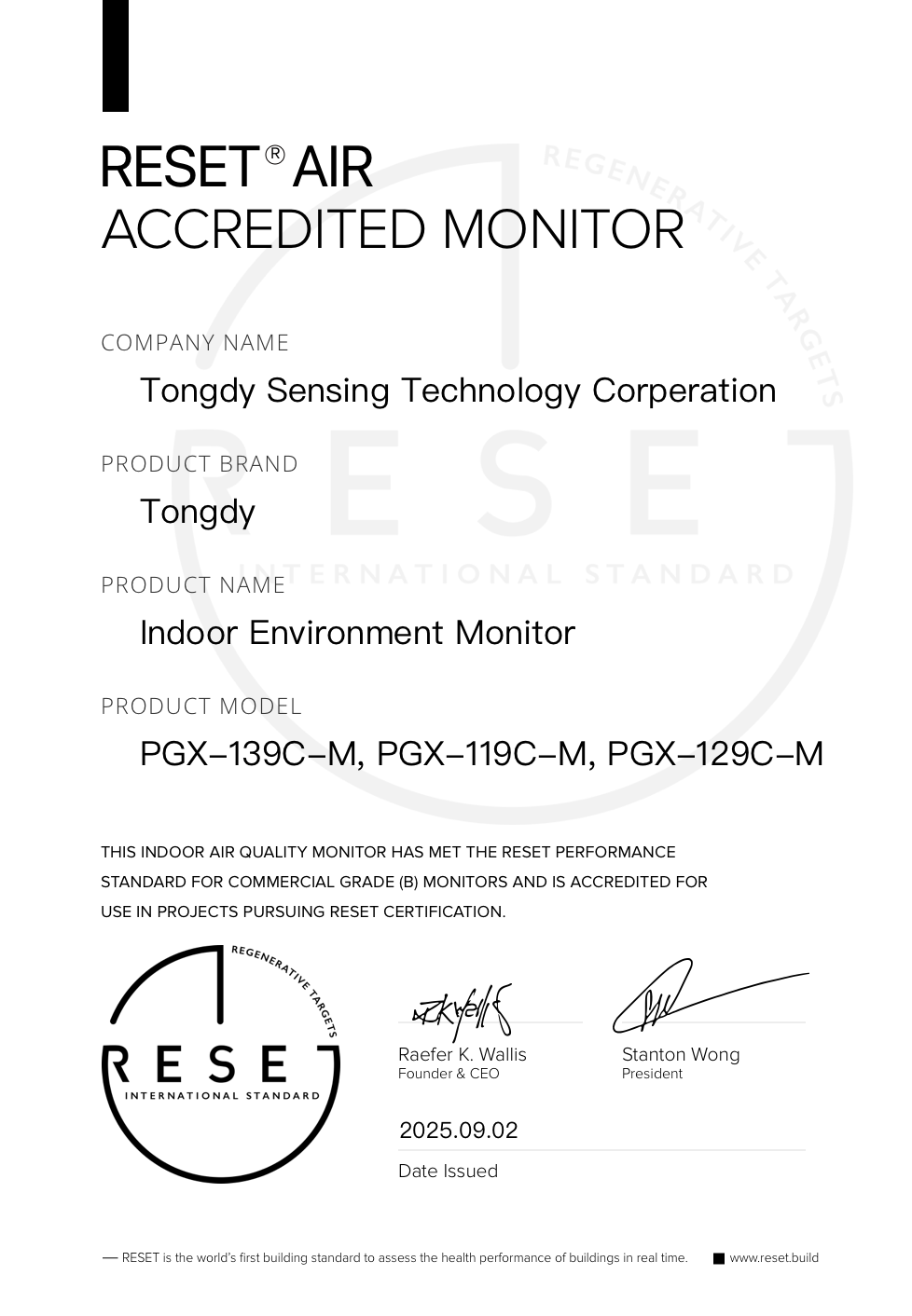 RESET_certificate_Tongdy_Indoor Environment Monitor PGX-119C-M/PGX-129C-M/PGX-139C-M