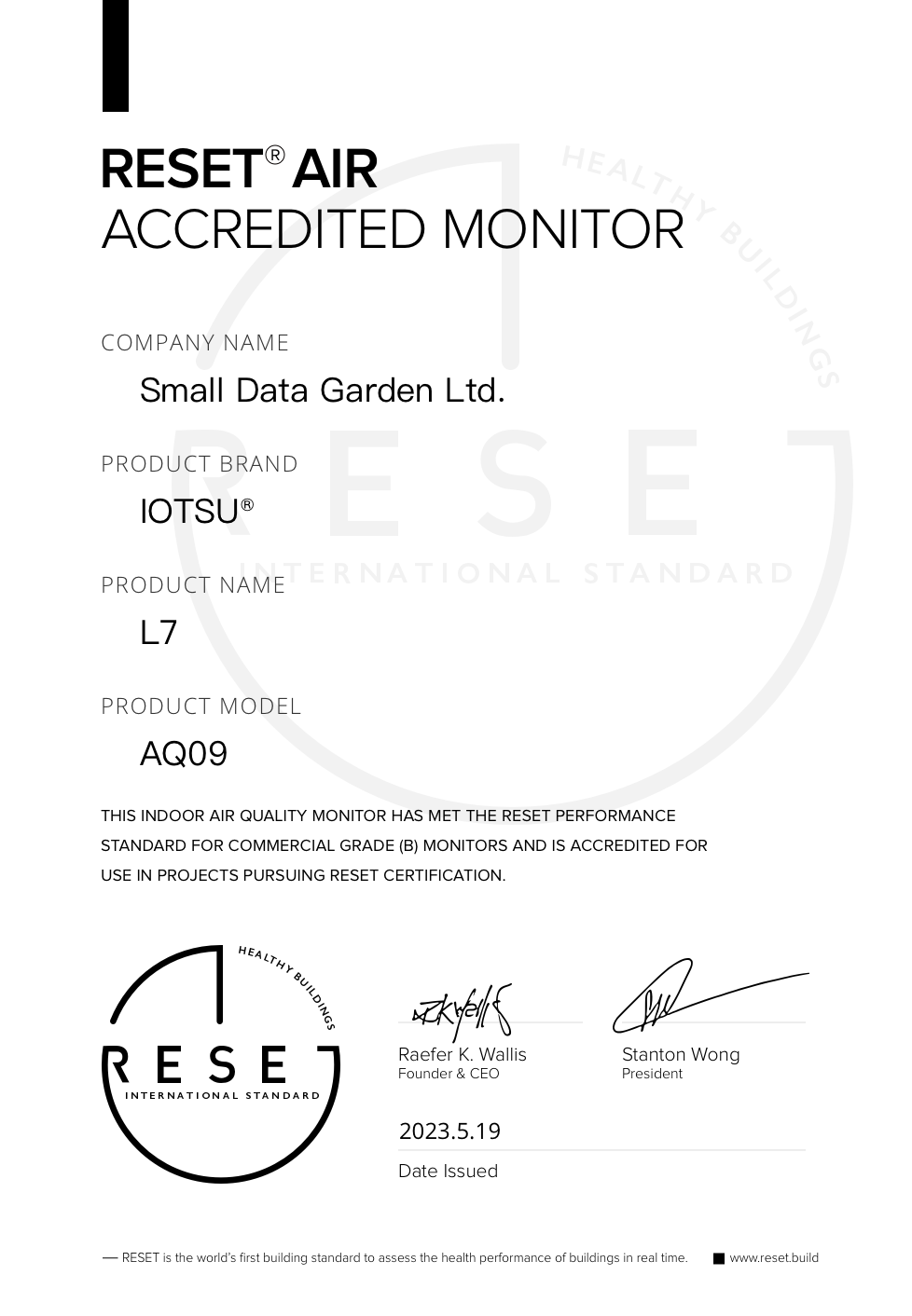 RESET_certificate_Small Data Garden_IOTSU L7 AQ09