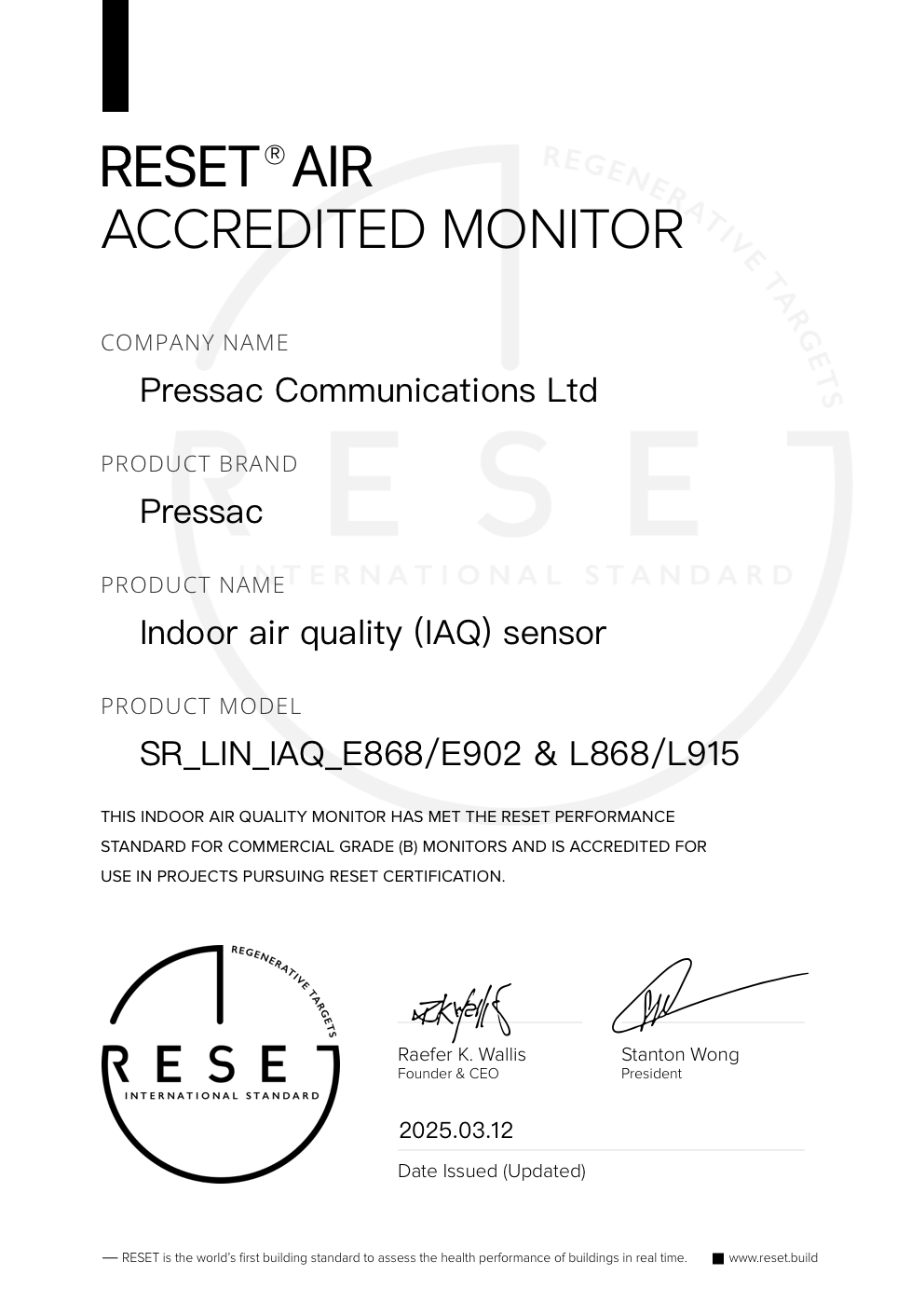 RESET_certificate_Pressac_SR_LIN_IAQ_E868/E902, SR_LIN_IAQ_L868/L915